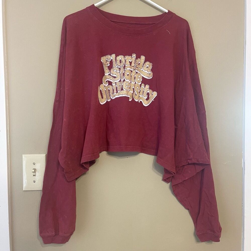 Florida State University Red Oversized Long Sleeve Bleach Dye Crop Top Medium